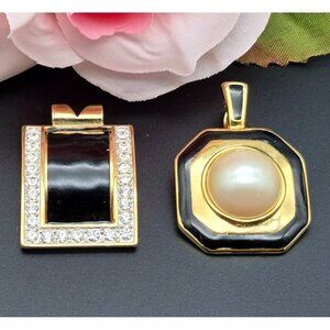 Gold Tone & Black Lot of 2 Pendants Faux Pearl & Crystal Elegant 1.25" Statement